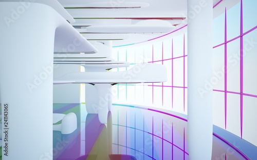 Abstract white and colored gradient glasses interior multilevel public space with window. 3D illustration and rendering.