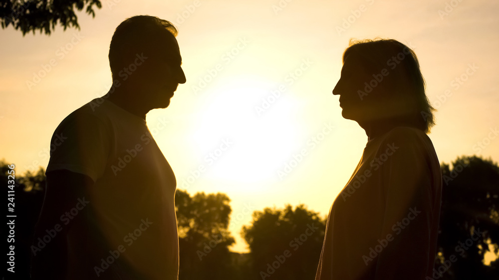 Aged male and female shadows looking each other at sunset, romantic meeting