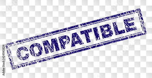 COMPATIBLE stamp seal print with scratched style and double framed rectangle shape. Stamp is placed on a transparent background. Blue vector rubber print of COMPATIBLE text with unclean texture.