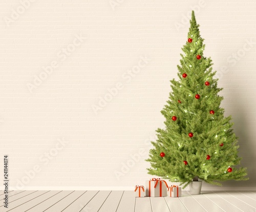 Christmas interior room with a Christmas tree and gift boxes. 3D rendering. © SrgSie