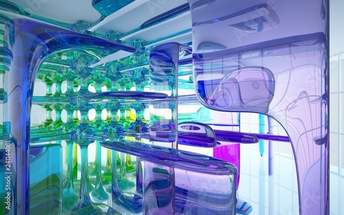 abstract architectural interior with colored smooth glass sculpture. 3D illustration and rendering