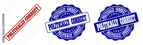 POLITICALLY CORRECT grunge stamp seals in red and blue colors. Vector POLITICALLY CORRECT imprints with grunge texture. Graphic elements are rounded rectangles, rosettes, circles and text titles.