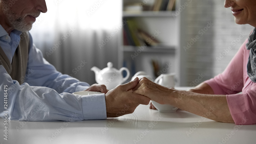 Senior male holding his wifes hand, sitting at table with cup of tea, happiness - obrazy, fototapety, plakaty 