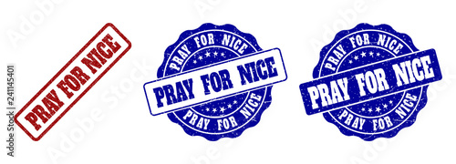 PRAY FOR NICE scratched stamp seals in red and blue colors. Vector PRAY FOR NICE labels with grainy surface. Graphic elements are rounded rectangles, rosettes, circles and text labels.