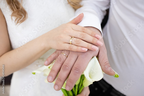 Bride and groom hands with gold wedding rings