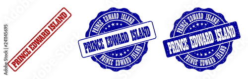 PRINCE EDWARD ISLAND grunge stamp seals in red and blue colors. Vector PRINCE EDWARD ISLAND labels with grunge texture. Graphic elements are rounded rectangles, rosettes, circles and text titles.