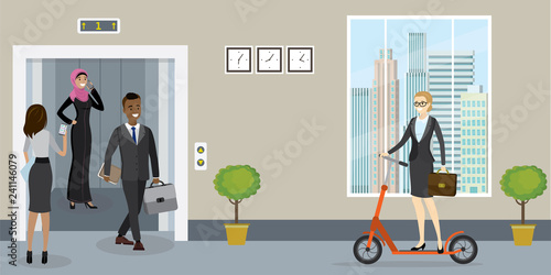 Hallway with people in office building,open elevator,interior with furniture photo
