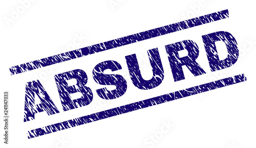 ABSURD seal print with distress style. Blue vector rubber print of ABSURD title with scratched texture. Text title is placed between parallel lines.