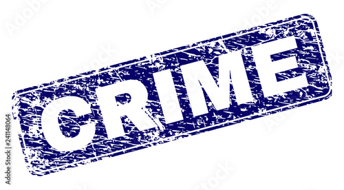 CRIME stamp seal print with distress texture. Seal shape is a rounded rectangle with frame. Blue vector rubber print of CRIME label with dust texture.