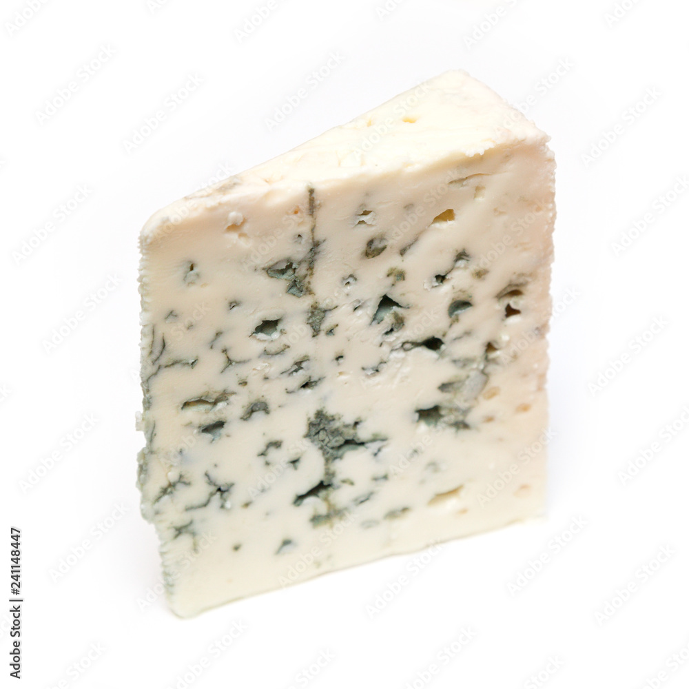 French Roquefort blue cheese isolated on a white studio background.