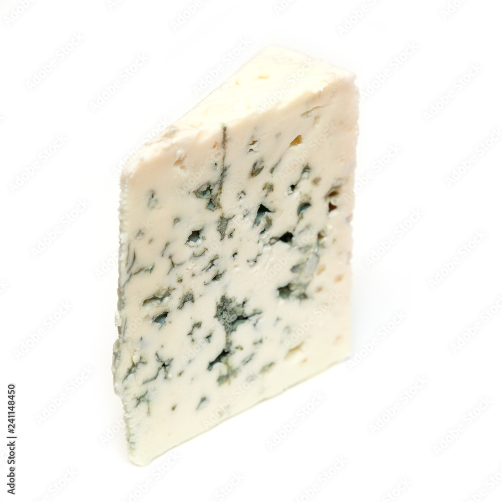 French Roquefort blue cheese isolated on a white studio background. French Roquefort blue cheese isolated on a white studio background.