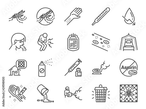 Dengue Fever line icon set. Included the icons as dengue virus, mosquito killer, Insect repellent, prevention, mosquito net and more.