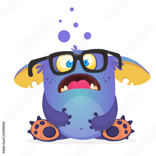 Surprised monster wearing eyeglasses and sitting. Halloween vector illustration