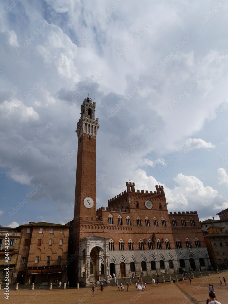 Piazza del Campo, Siena, plaza medievales.El Palazzo Pubblico y su Torre del Mangia, junto con varios palazzi signorili la rodean.