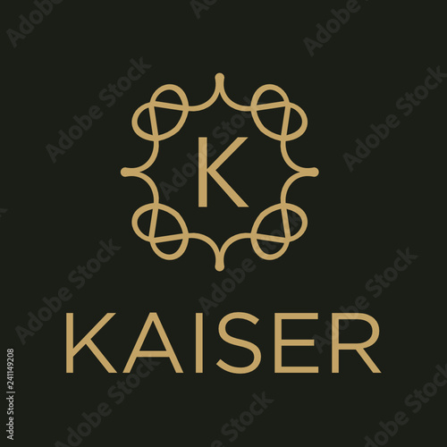 Premium linear shield monogram letter K logotype. Elegant crest leaf stamp icon vector logo. Luxury alphabet frame symbol. - Vector