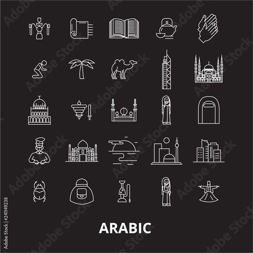 Arabic editable line icons vector set on black background. Arabic white outline illustrations, signs,symbols