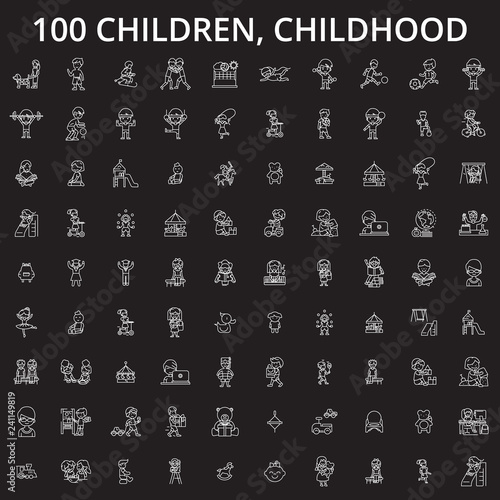Children, childhood editable line icons vector set on black background. Children, childhood white outline illustrations, signs,symbols
