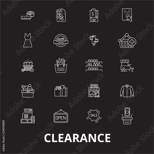 Clearance editable line icons vector set on black background. Clearance white outline illustrations, signs,symbols