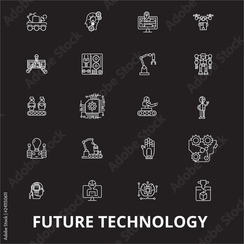 Future technology editable line icons vector set on black background. Future technology white outline illustrations, signs,symbols