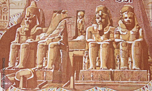 Great Temple of Abu Simbel on Egyptian one pound banknote, 1 EGP, Egypt money currency close up.