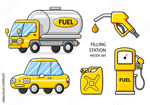 Fuel truck, car, jerrycan, gas pump, nozzle with gasoline drop. Petrol filling station vector icons set isolated.