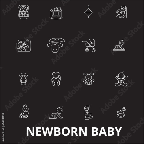 Newborn baby editable line icons vector set on black background. Newborn baby white outline illustrations, signs,symbols