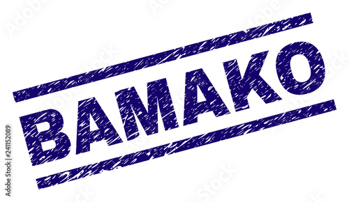 BAMAKO seal print with distress style. Blue vector rubber print of BAMAKO title with grunge texture. Text title is placed between parallel lines.
