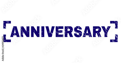 ANNIVERSARY label seal print with corroded effect. Text label is placed between corners. Blue vector rubber print of ANNIVERSARY with unclean texture.