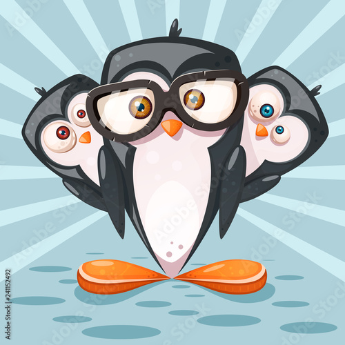 Winter landscape, cartoon penguin characters.