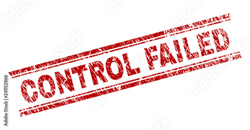 CONTROL FAILED seal print with grunge style. Red vector rubber print of CONTROL FAILED label with dirty texture. Text label is placed between double parallel lines.