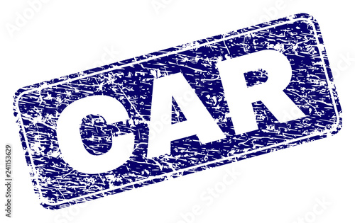 CAR stamp seal print with distress texture. Seal shape is a rounded rectangle with frame. Blue vector rubber print of CAR title with scratched texture.