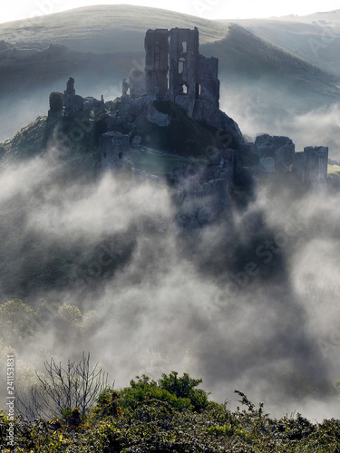 Corfe Castle, Dorset, in the early morning mist
