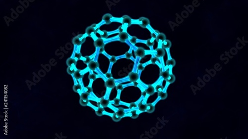 3D illustration of a blue globe, the molecules of the graphene crystal lattice. The idea of nanotechnology, biological weapons, virus, energy. 3D rendering on a dark background.