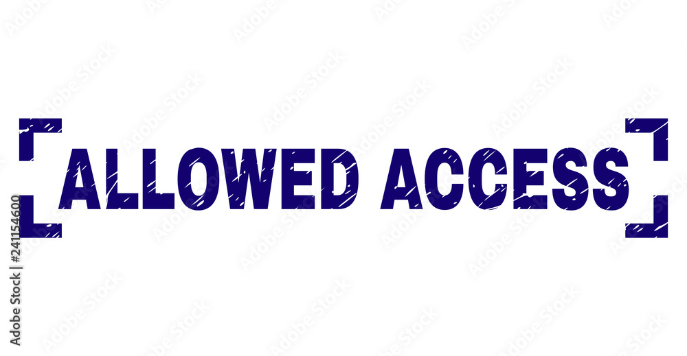 ALLOWED ACCESS text seal watermark with distress texture. Text label is placed inside corners. Blue vector rubber print of ALLOWED ACCESS with dirty texture.