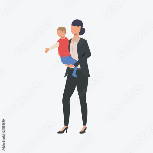 Businesswoman with little child. Single parent, working mother, childcare. Can be used for topics like family, career, motherhood 