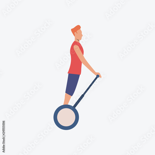 Man riding on electric scooter. Guy, activity, hobby. Can be used for topics like transpiration, vehicle, tourism
