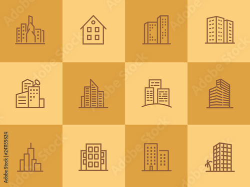 Buildings line icon set. Office, house, block of flats. City concept. Can be used for topics like residential accommodation, real estate, property