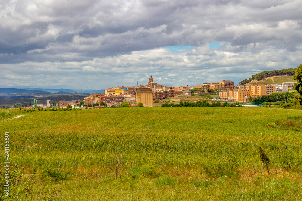 Scenic overcast view of Viana in Navarre, Spain on the Way of St. James with wheat field in the foreground
