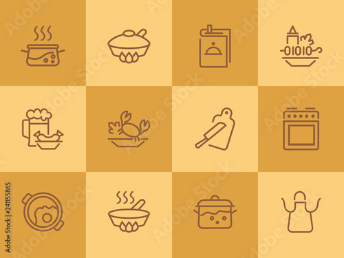 Cooking line icon set. Set of line icons on white background. Kitchenware concept. Knife, frying pan, stewing.  Vector illustration can be used for topics like cooking, food, kitchen
