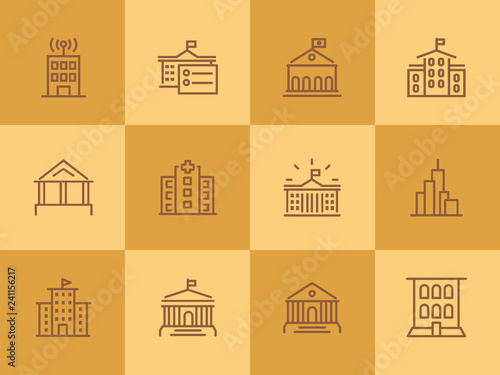 Government building line icon set. School, courthouse, hospital. Architecture concept. Can be used for topics like city, office, headquarter