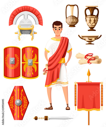Collection of ancient roman icons. Flat vector style. Roman clothes, armor, weapon and houseware. Cartoon character design. Illustration isolated on white background