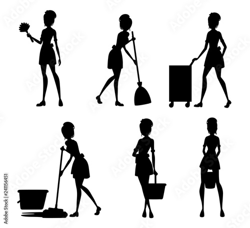 Black silhouette. Collection of maids in french outfits. Hotel staff engaged in performance of service duties. Chambermaid cleaning floor with mop. Vector illustration isolated on white background