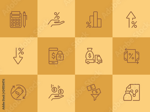Investment line icon set. Encashment car, income, graph. Money concept. Can be used for topics like finance management, profit, banking