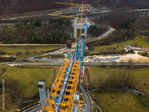 Aerial of complex new railway bridge construction between two tunnels in the Swabian Alps between Stuttgart and Ulm in Germany photo