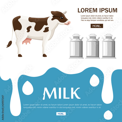 Dripping and flow milk. Splash drop cream or yogurt. Cow and milk cans. Flat vector illustration. Website page and mobile app design. Concept for advertising, place for text