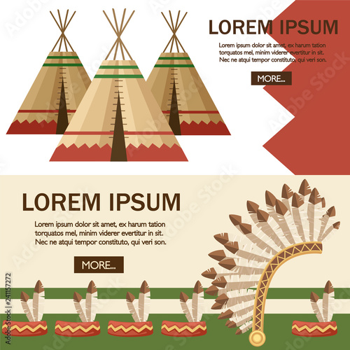 Group of Indian tent or wigwam with Warbonnet. Dwelling of north nations of Canada, Siberia, North America. Leather House. Flat vector Illustration. Web site page of mobile app design