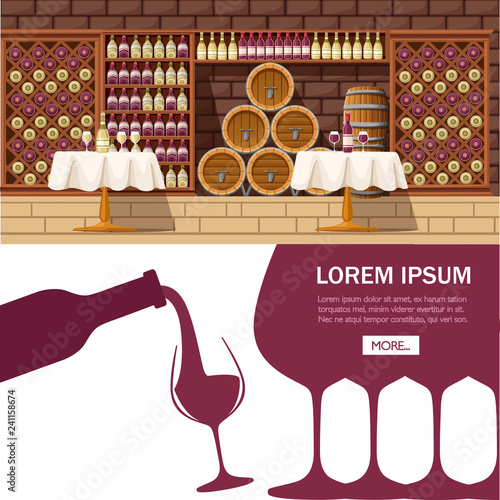 Abstract logo or illustration. Red wine pouring from bottle to glass. Flat vector illustration on white background. Wooden wine shelf in wine Vault. Place for text. Mobile app design