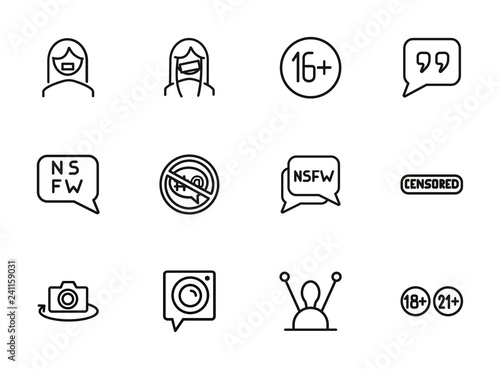 Censorship line icon set. Set of line icons on white background. TV requirement concept. Camera, antenna, stamp. Vector illustration can be used for topics like cinema, TV, radio, social media