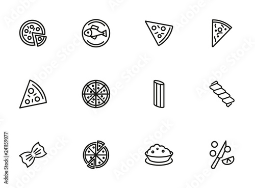 Italian cuisine line icon set. Set of line icons on white background. Food concept. Pizza, spaghetti, fish. Vector illustration can be used for topics like restaurant, Italy, eating, cooking