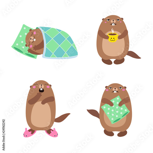 Set of groundhog sleeping and waking up. Flat